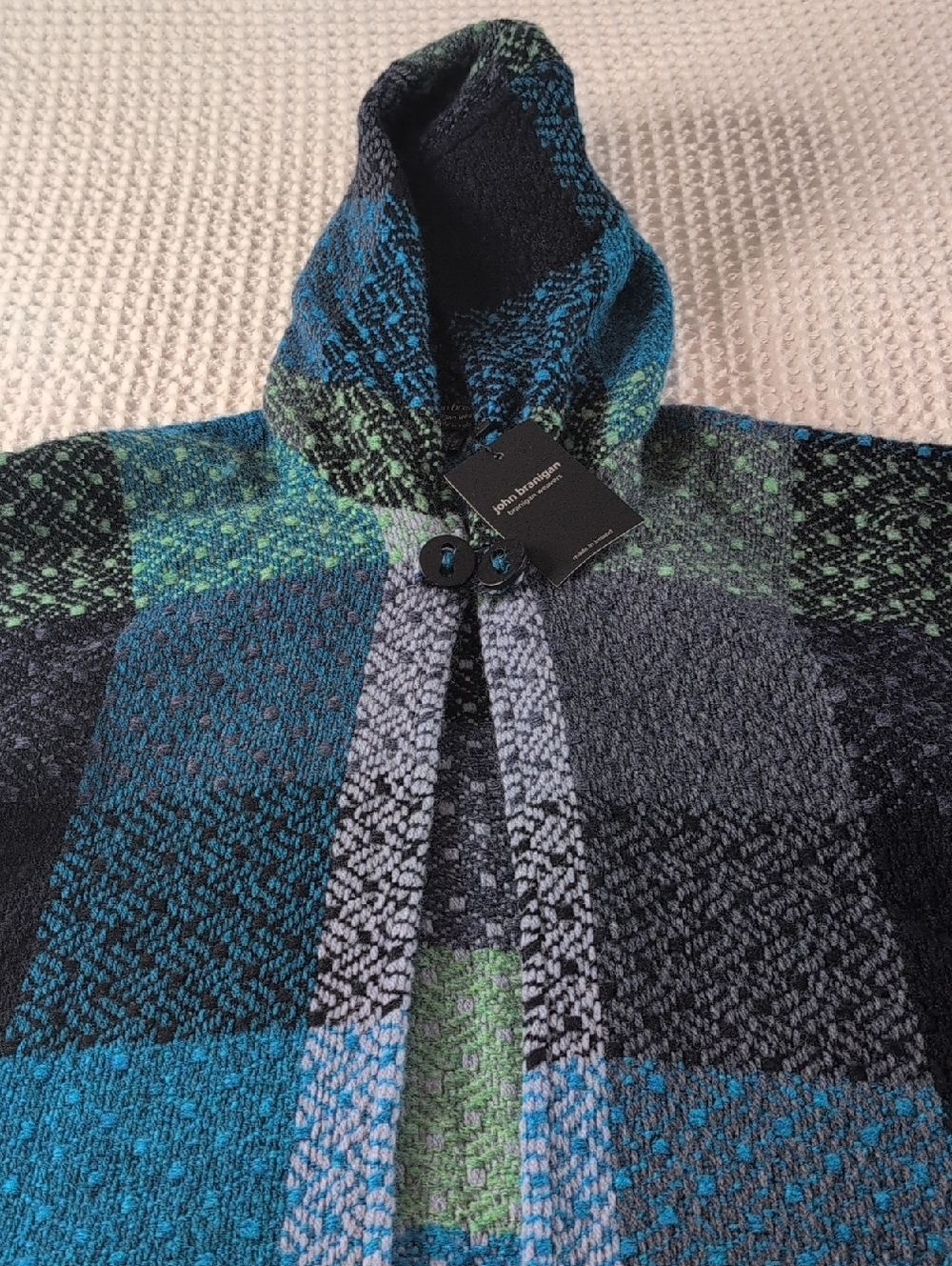 Hooded Wool Blend Poncho in Teal, Gray & Black - Made In Ireland John Branigan